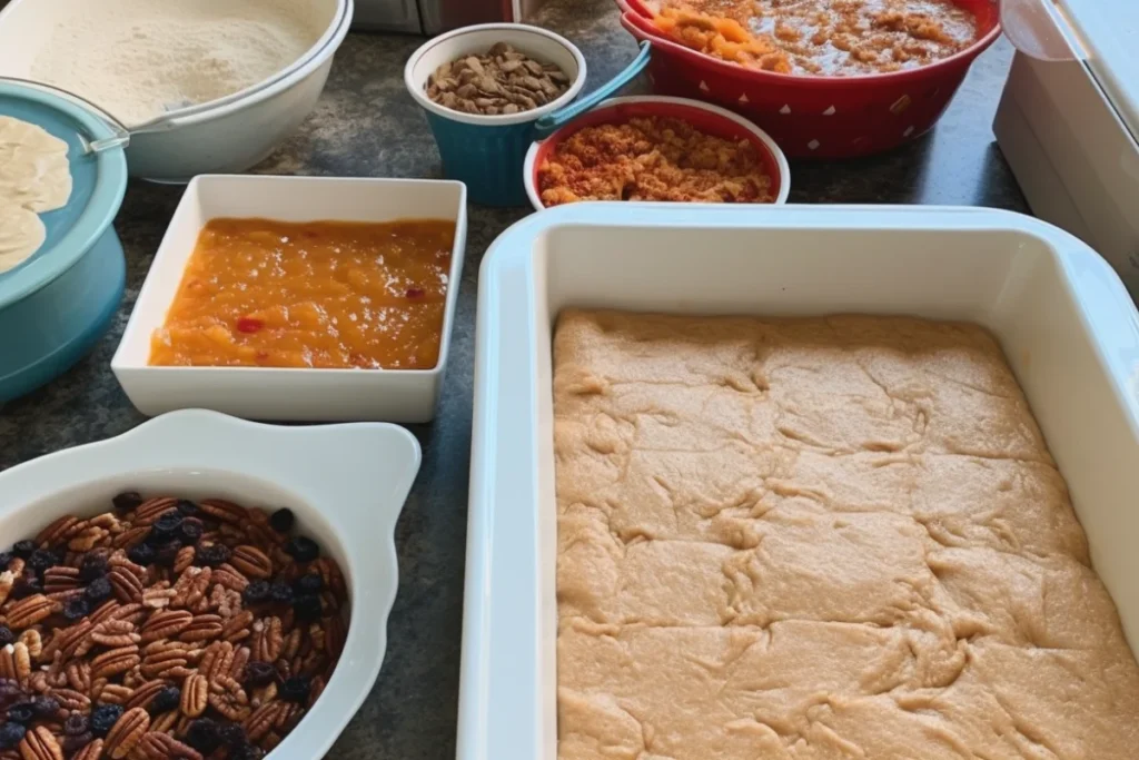 Step-by-step process of making a dump cake with layers of fruit, cake mix, and butter.