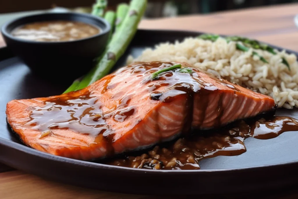 Grilled steelhead trout fillet with maple glaze, asparagus, and wild rice on a rustic plate.