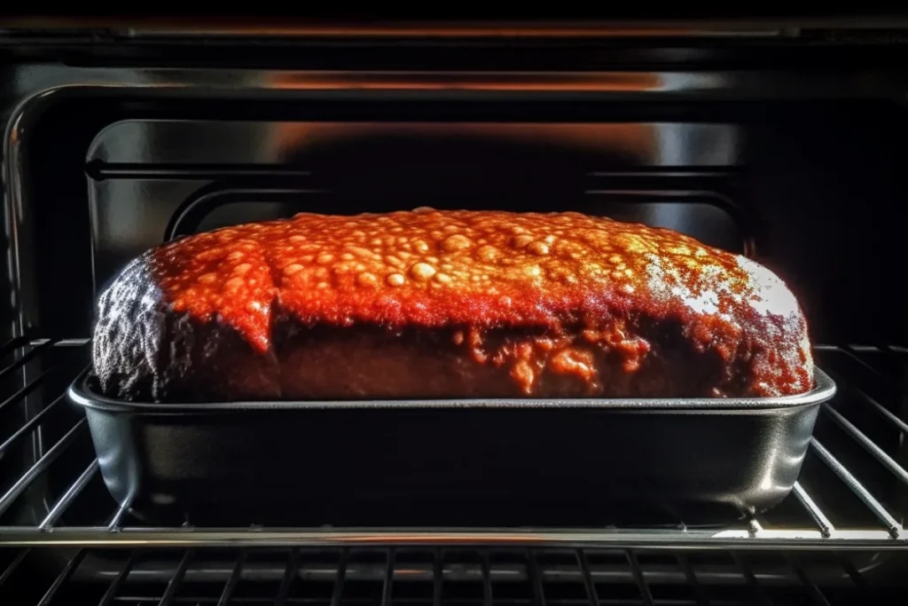 2lb meatloaf baking in the oven with a glossy caramelized glaze.