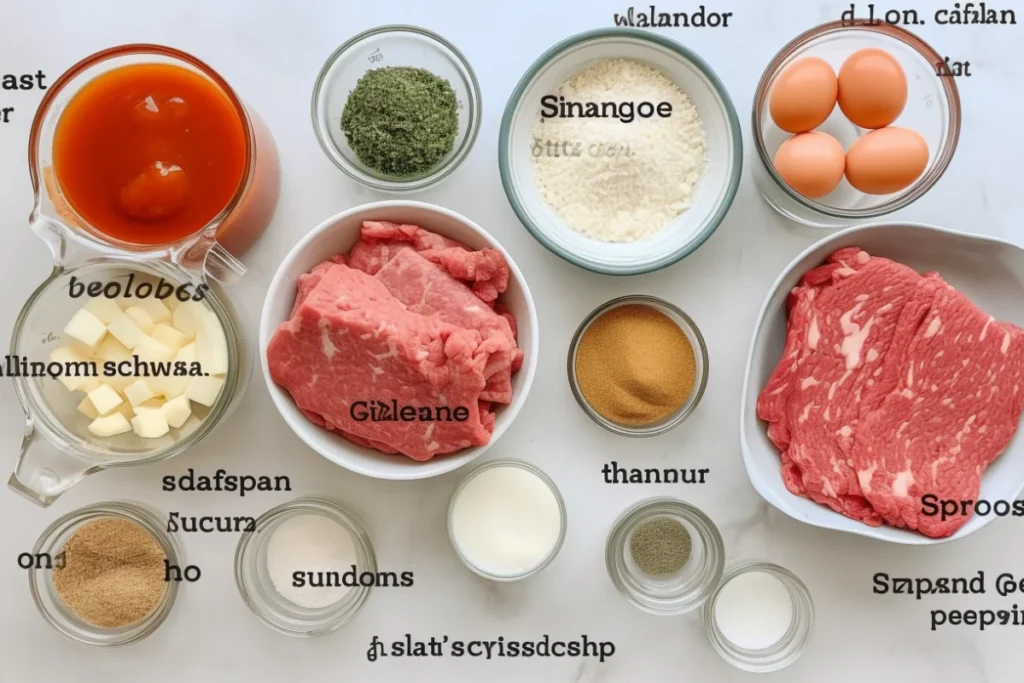 Ingredients for meatloaf, including ground meat, eggs, breadcrumbs, and seasonings, displayed on a countertop.