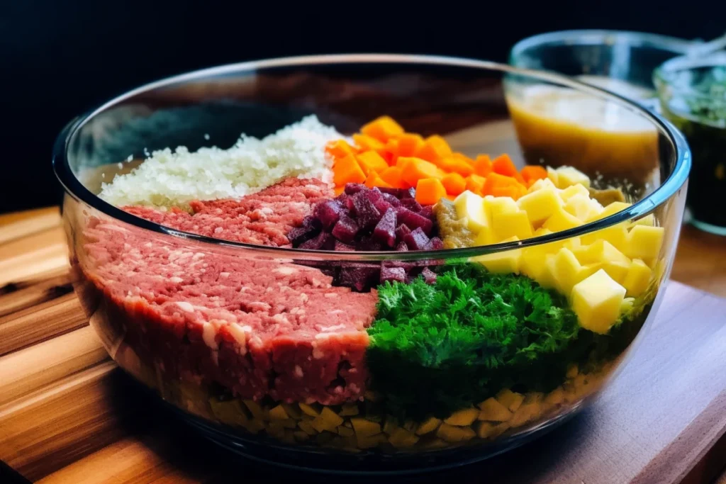 Ingredients for a raw meatloaf mixture, including ground beef, vegetables, breadcrumbs, and eggs, in a glass bowl on a wooden countertop.