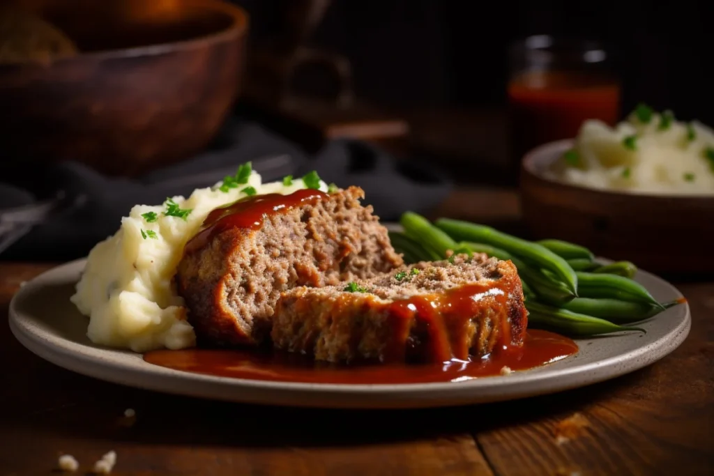 Slice of meatloaf served with mashed potatoes and green beans, topped with glaze.