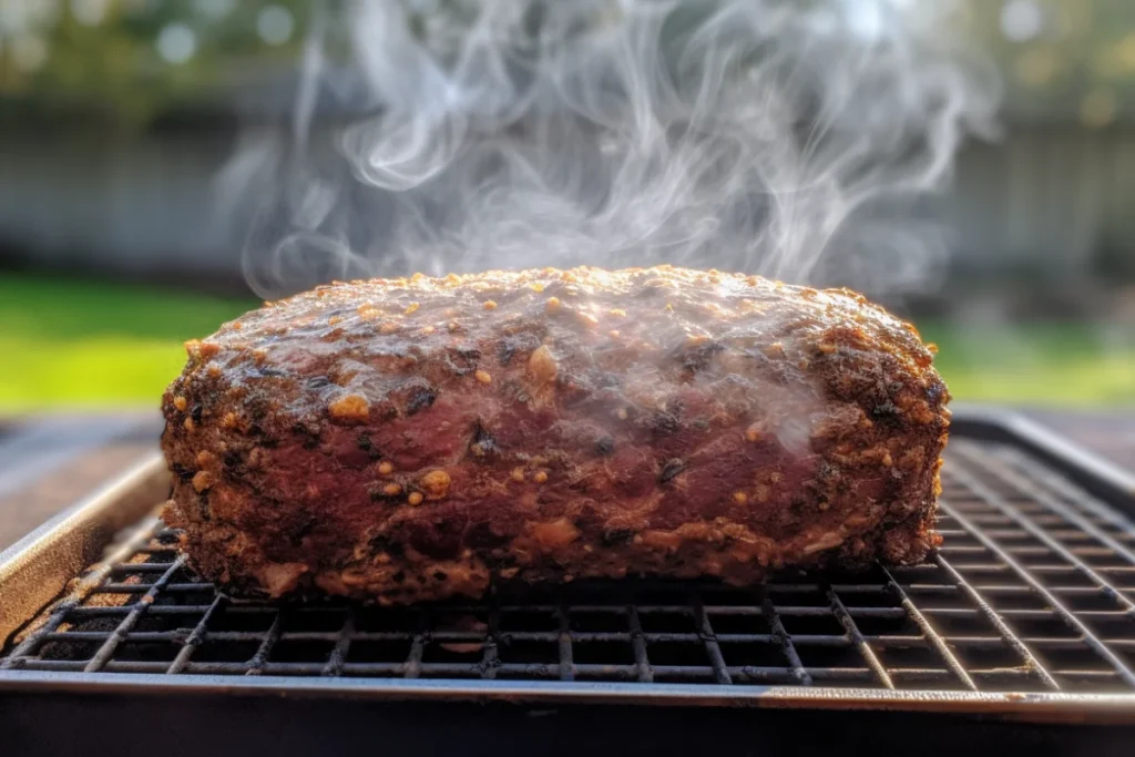 Smoked meatloaf in a pellet smoker, resting on a rack surrounded by aromatic wood smoke outdoors.