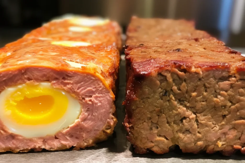 A side-by-side comparison of two meatloafs, one with an extra egg to meatloaf showing a smoother texture and another without, highlighting the difference in structure and moisture.