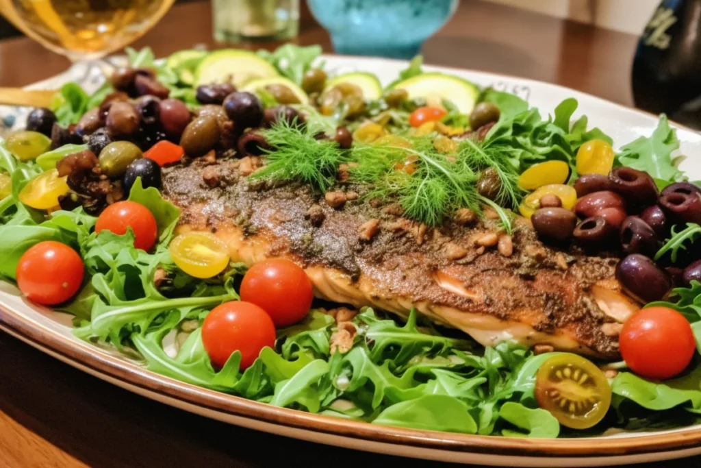 Mediterranean-style baked steelhead trout topped with olive tapenade, served with a fresh green salad and cherry tomatoes.