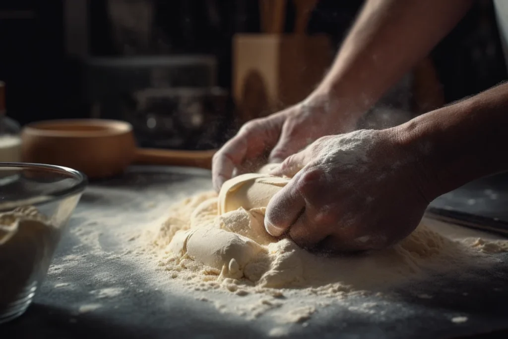 A baker’s hands using a pastry cutter to mix butter and Crisco into flour in a clean kitchen.