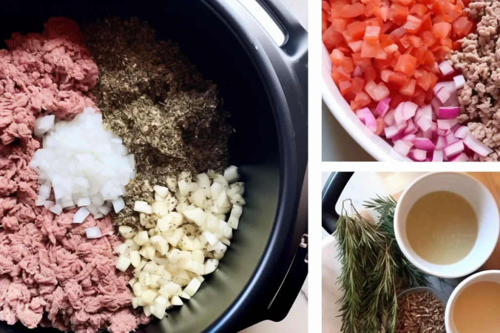 Mixing ground turkey and spices in a large bowl with fresh ingredients nearby.