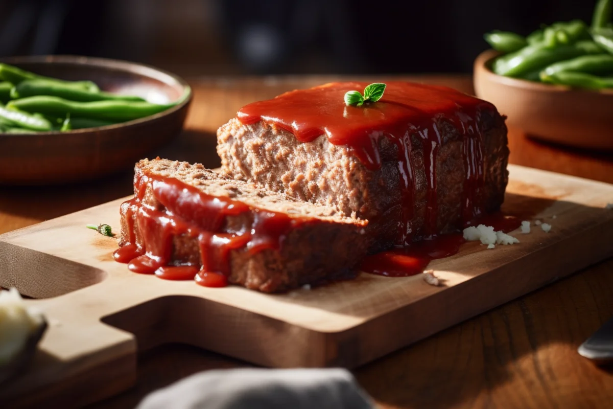 A moist meatloaf with shiny ketchup glaze, served with mashed potatoes and green beans, on a wooden cutting board in a cozy kitchen.