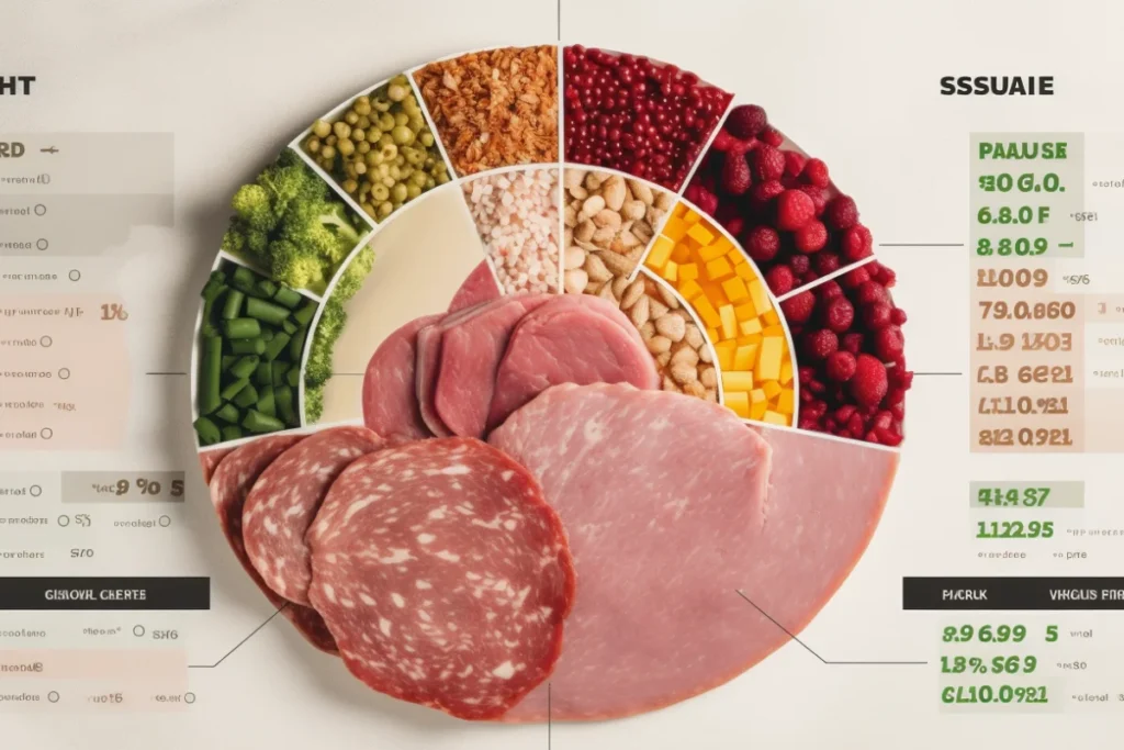 Nutrition comparison chart of ground turkey and turkey sausage displaying calorie, protein, fat, and sodium levels.