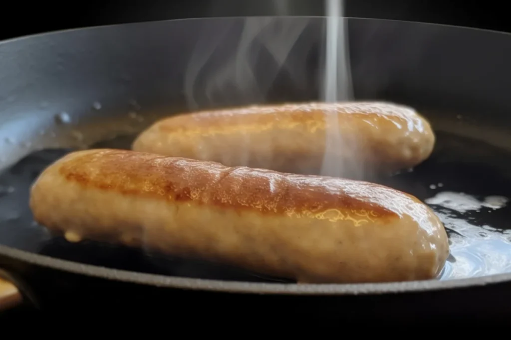 Turkey sausages being pan-fried in a skillet with golden brown edges and a splash of broth.