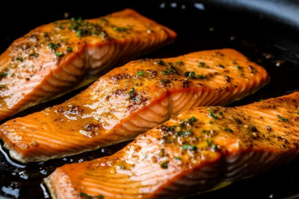 Steelhead trout fillets being pan-seared in a skillet with butter and thyme.