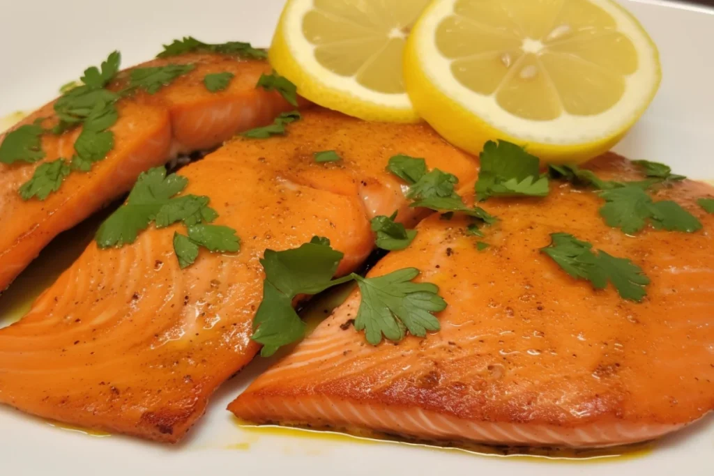 Pan-seared steelhead trout with golden crispy skin garnished with parsley and lemon wedges.