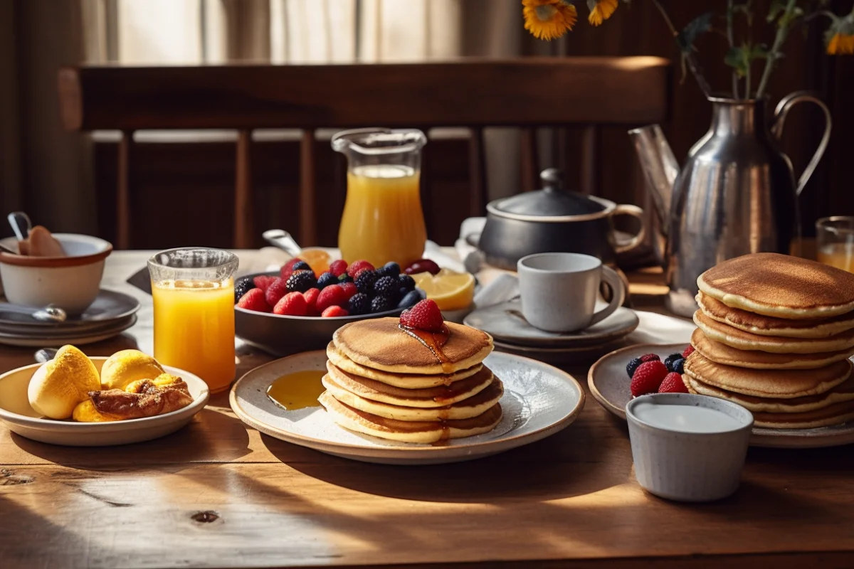 A stack of pancakes with syrup and butter next to hotcakes topped with honey and fruit on a wooden table.