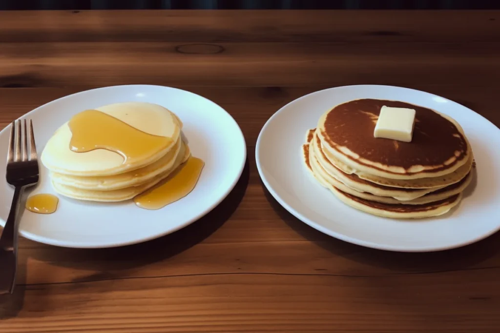 Side-by-side comparison of pancakes with syrup and hotcakes with butter and honey on a wooden table.