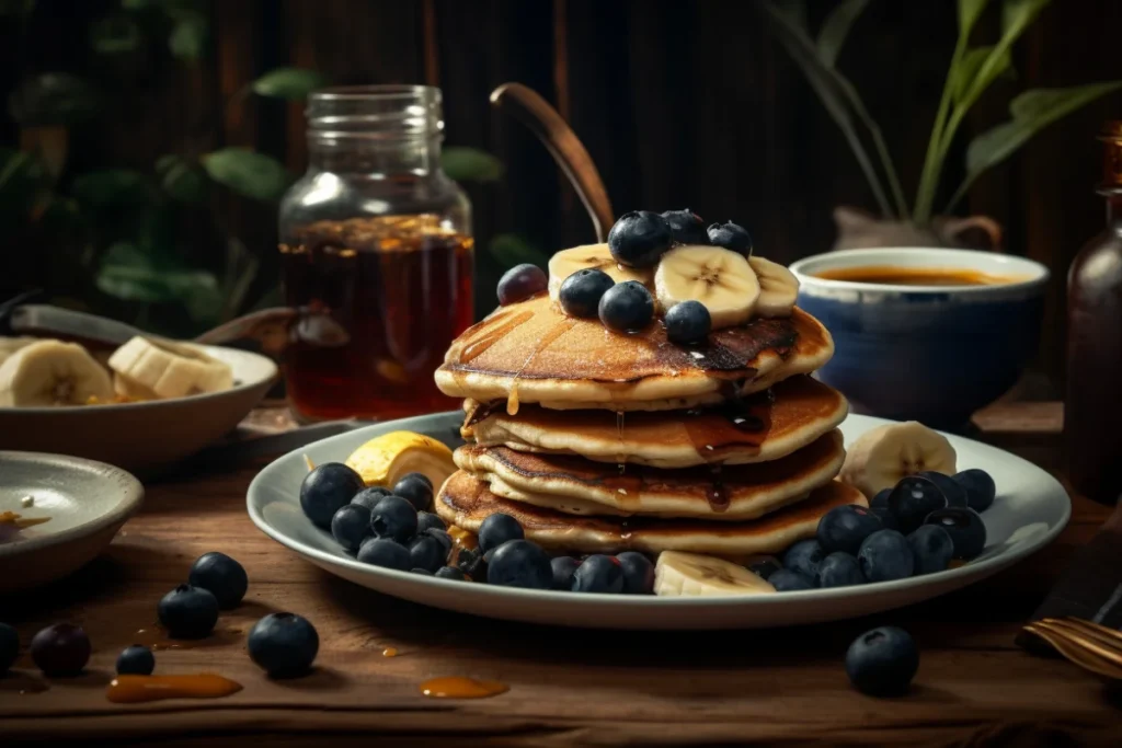 Pancakes with blueberries and bananas served with syrup in a rustic kitchen.