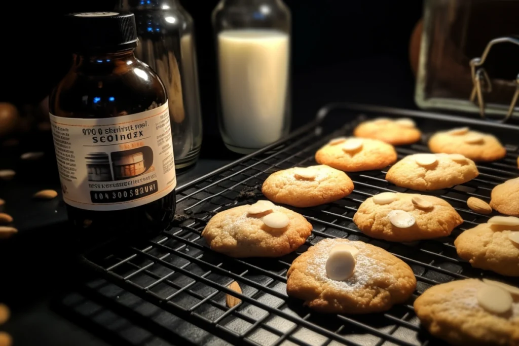 Cookies and a vanilla-almond cake with a bottle of almond essence on a cooling rack.