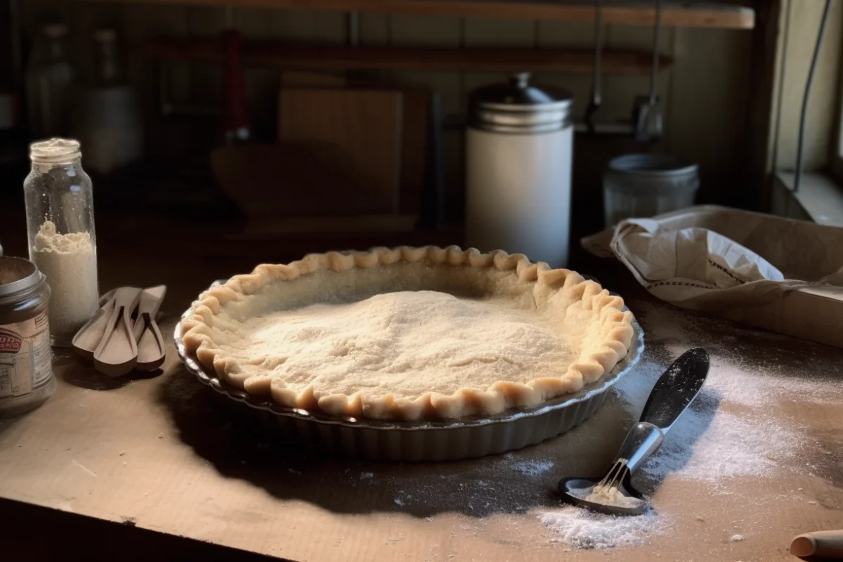 Perfectly baked golden pie with a flaky Crisco crust on a rustic table with baking tools and ingredients.