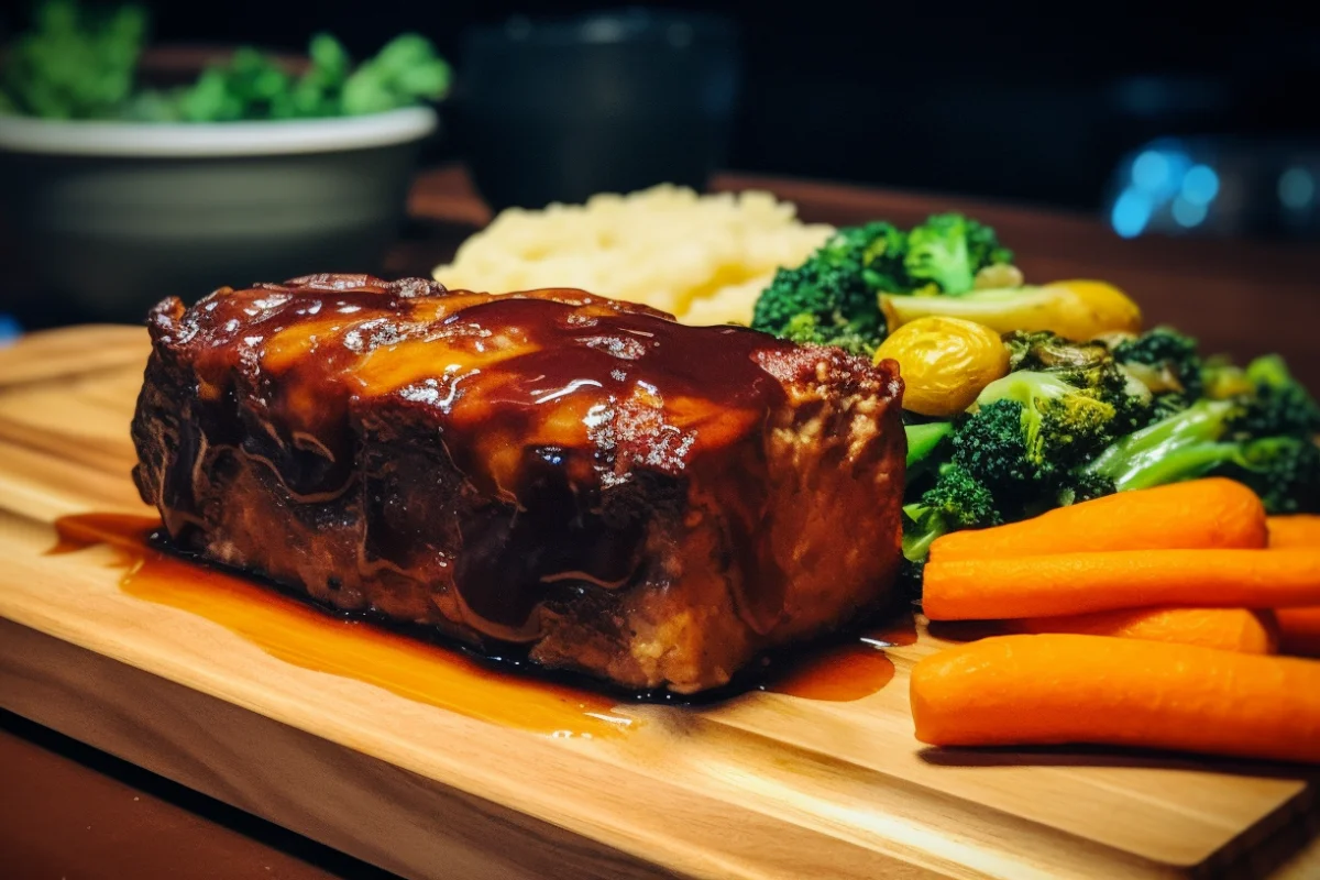 Smoked meatloaf with a caramelized glaze, served on a wooden platter with mashed potatoes and roasted vegetables.