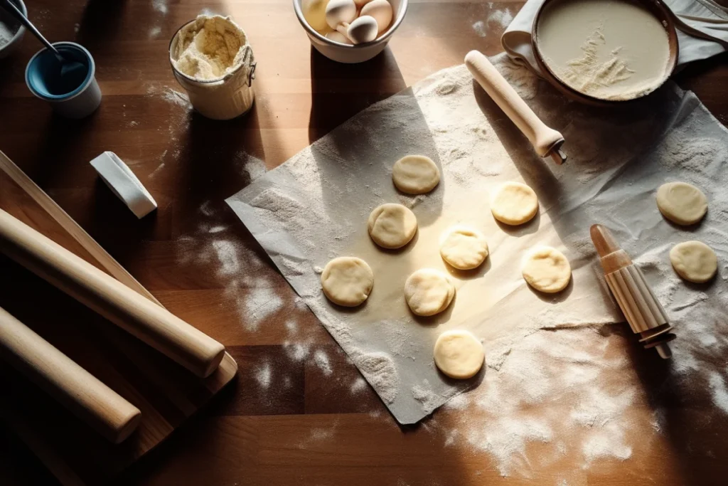 A clean kitchen setup with a tortilla shaper, dough balls, parchment paper, and a rolling pin for making tortillas.