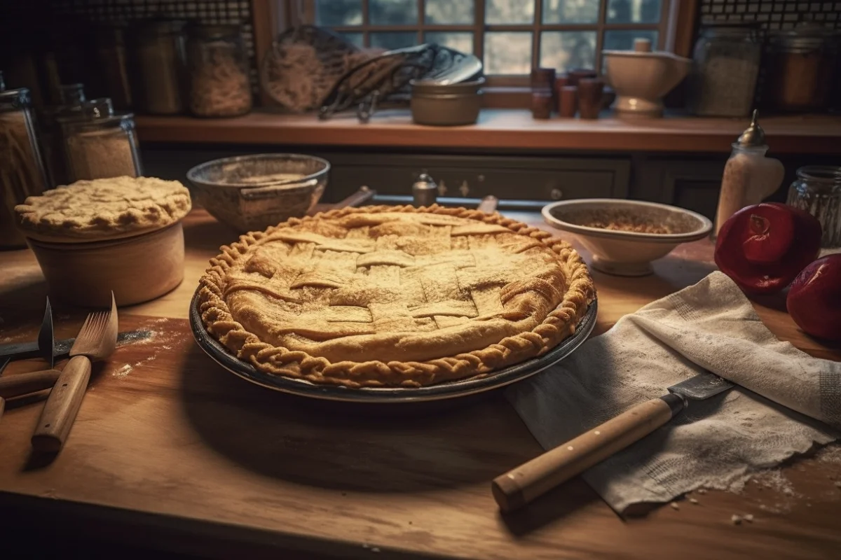 A golden, flaky pie crust with a slice cut to reveal a fruit filling, surrounded by baking tools on a rustic table.