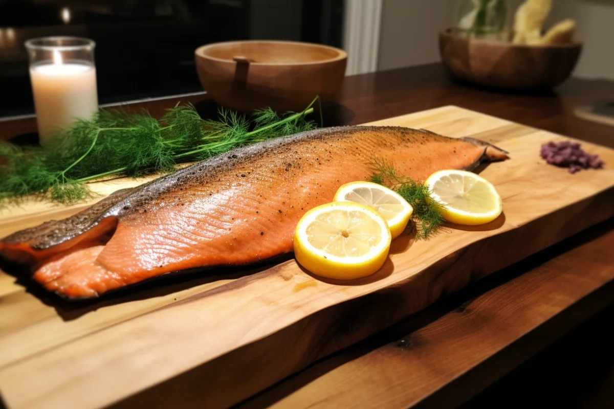 Steelhead trout fillet with crispy skin served with lemon wedges and fresh dill on a wooden plate.