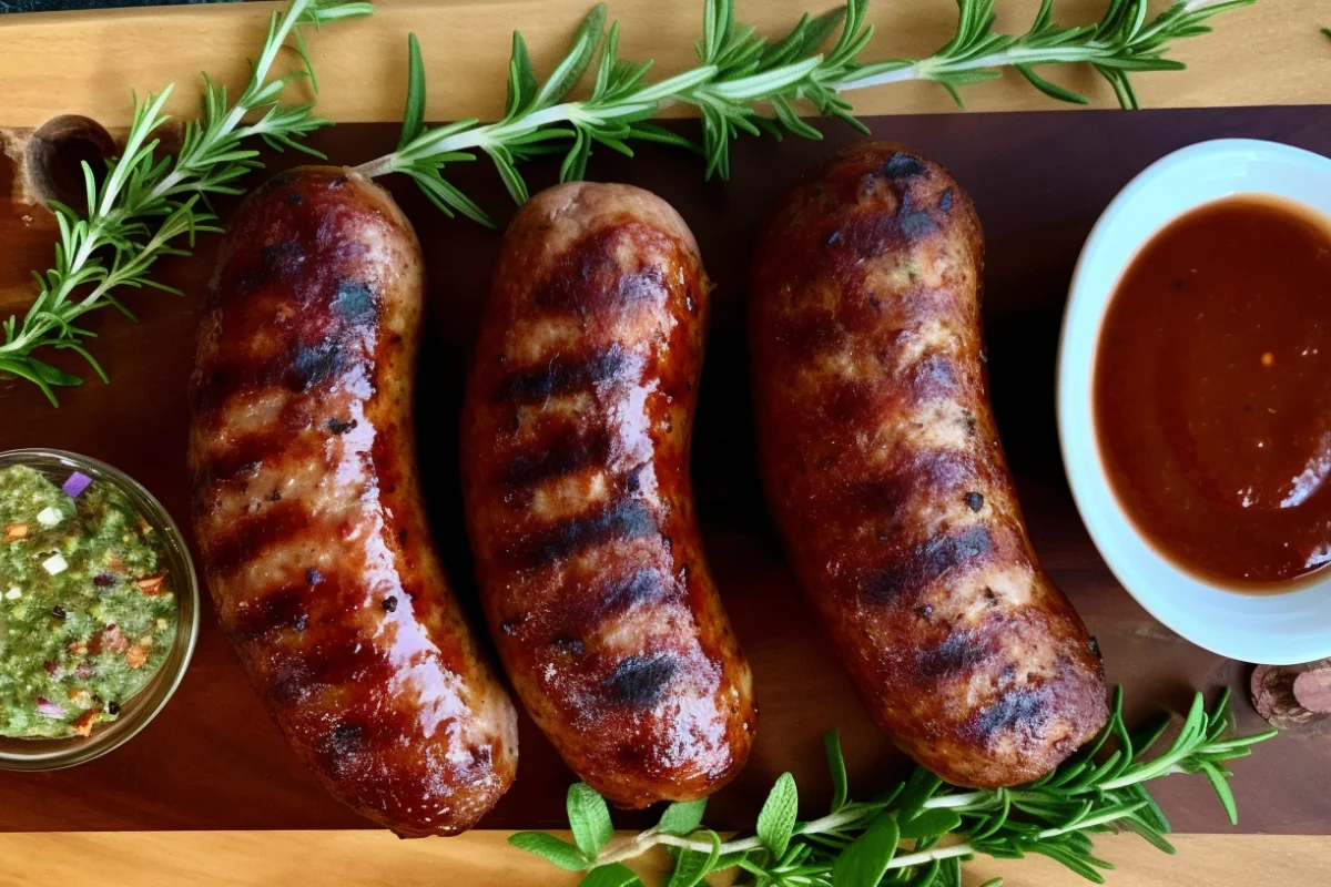 Perfectly cooked turkey sausage on a wooden board with herbs and sauces.