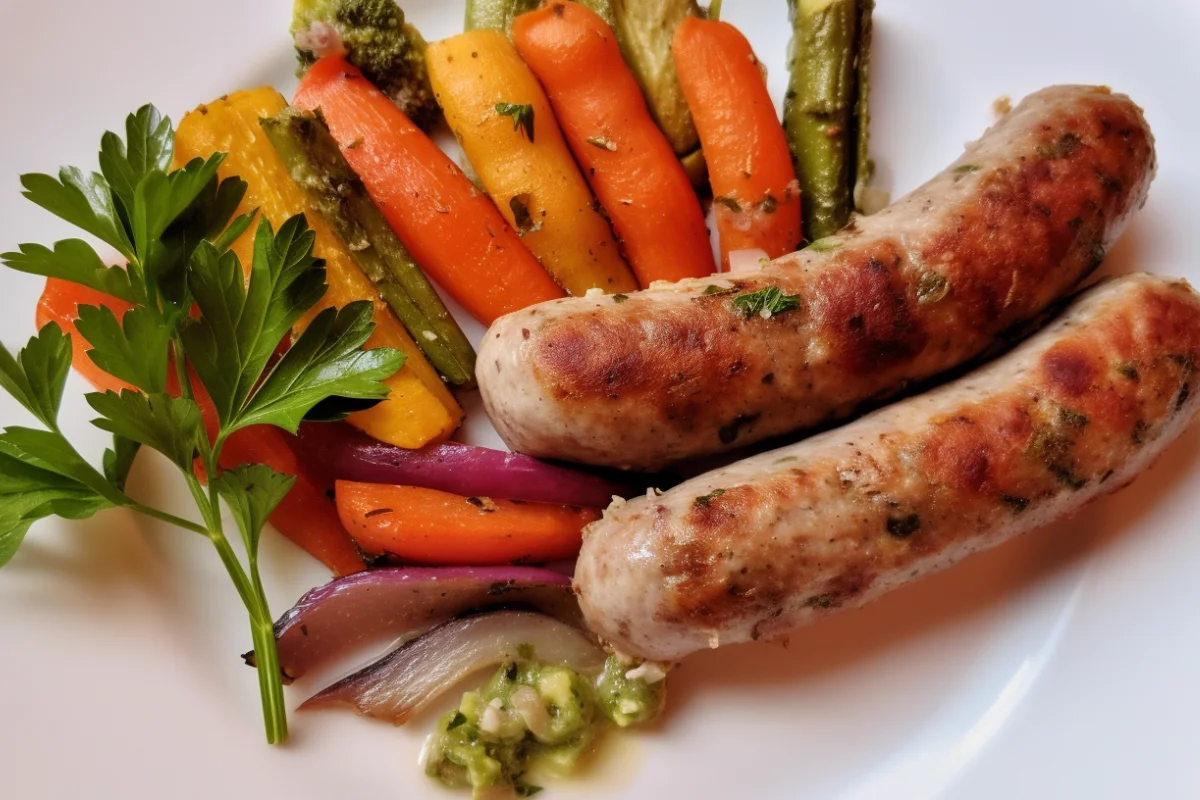 Perfectly cooked turkey sausage garnished with herbs and served with vegetables on a white plate.