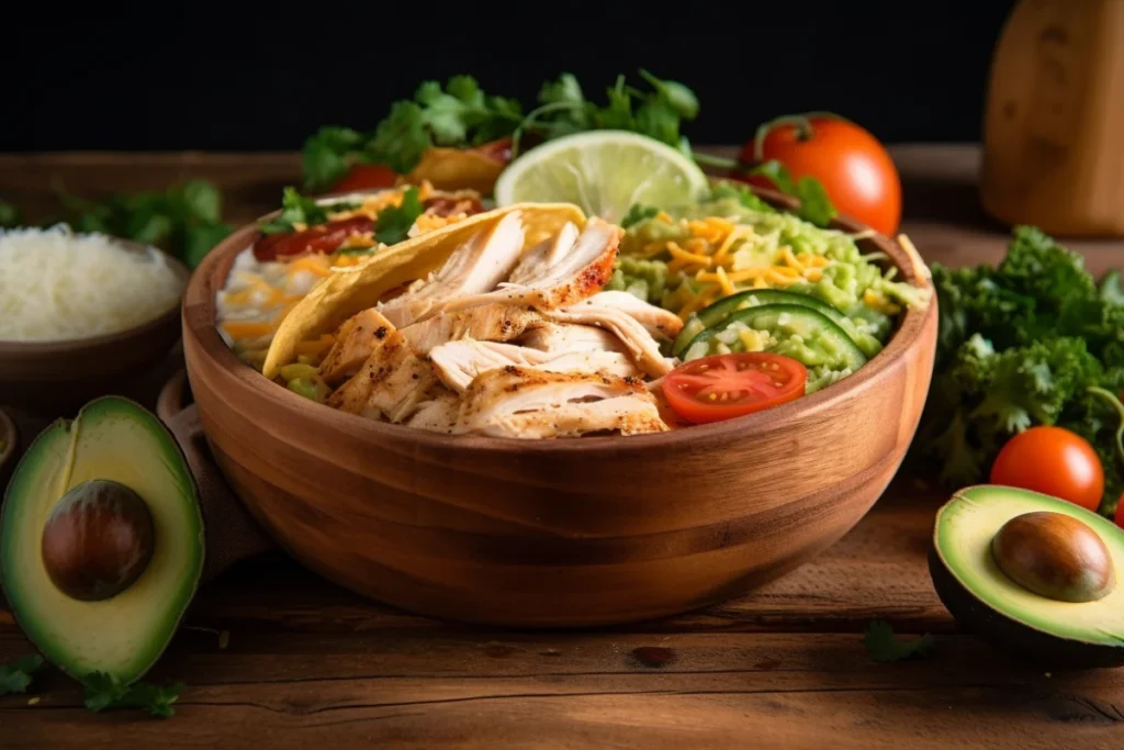 A golden-brown heated tortilla bowl filled with taco ingredients on a rustic table.