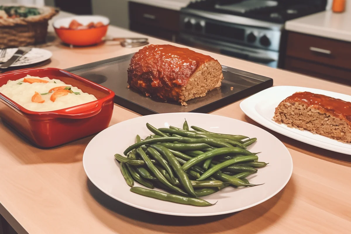 Sliced meatloaf on a dinner table with side dishes and a warm kitchen backdrop.