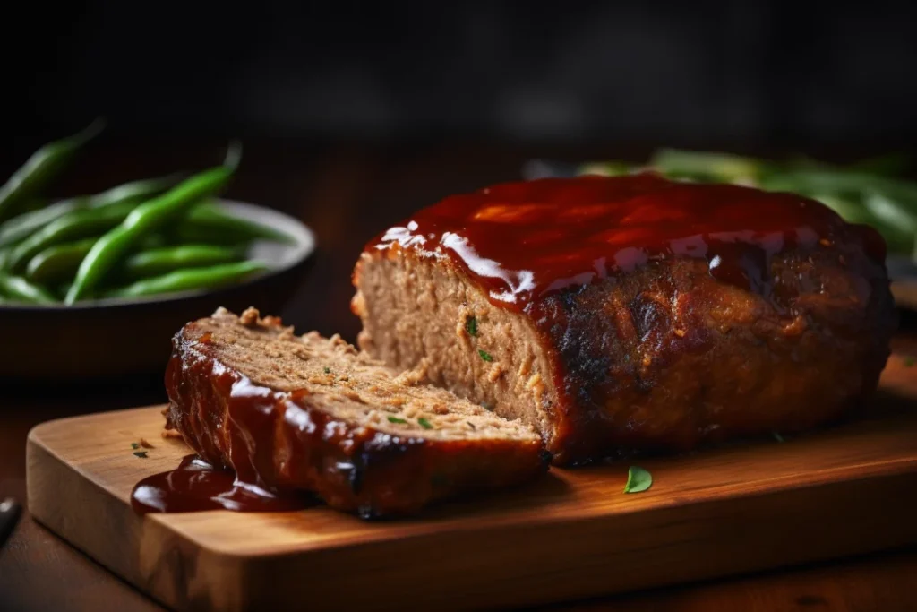 Close-up of a smoked meatloaf with a caramelized glaze, sliced to reveal a juicy interior, served with mashed potatoes and green beans.