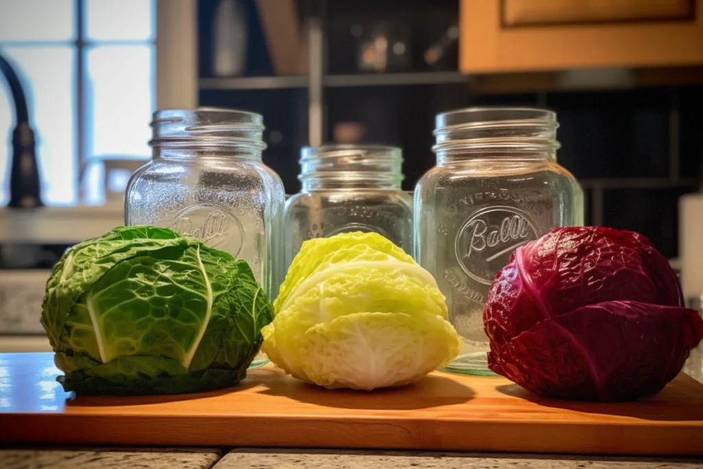 Fresh cabbage varieties with a measuring cup of vinegar and a pot of simmering water on a kitchen counter.