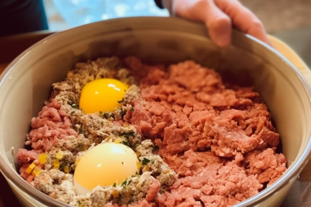 Raw ingredients for smoked meatloaf, including ground beef, breadcrumbs, eggs, and vegetables, mixed in a bowl in a rustic kitchen.