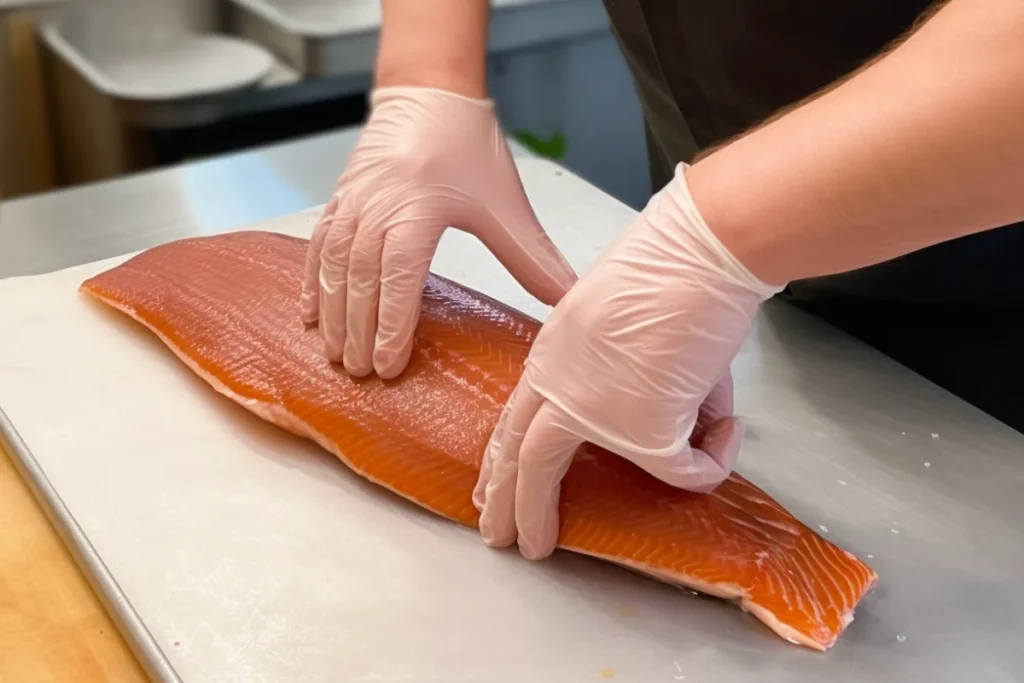 Chef preparing steelhead trout by scaling and filleting it on a cutting board.