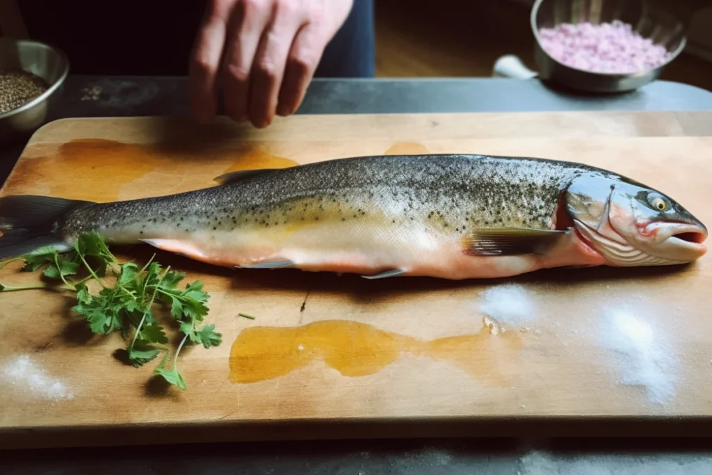 Fresh trout being seasoned with salt, pepper, and lemon slices on a cutting board.