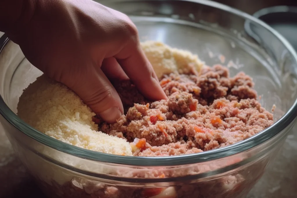 Raw meatloaf mixture being prepared with breadcrumbs, eggs, and spices.