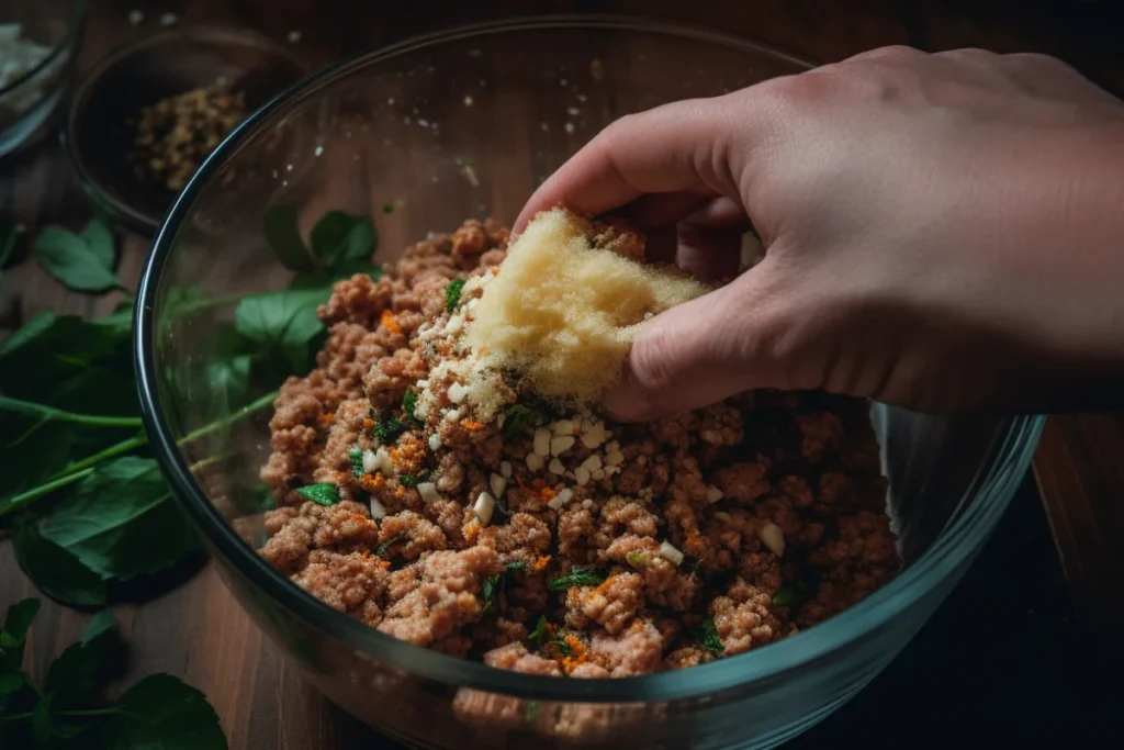 Hands mixing ground meat, breadcrumbs, and seasonings in a glass bowl with fresh herbs and spices on a wooden countertop.