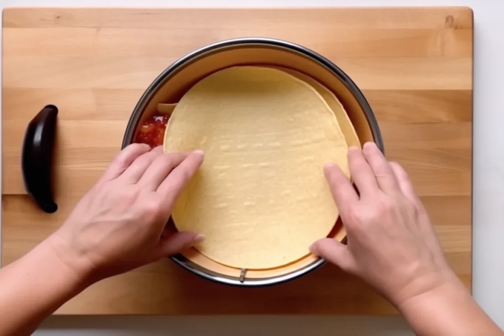 Hands pressing a tortilla into a taco bowl mold on a wooden countertop.