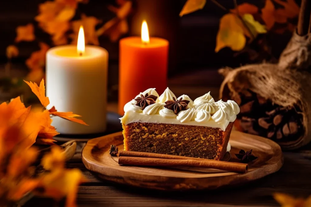 A slice of pumpkin cake with cream cheese frosting on a rustic plate surrounded by autumn decorations.