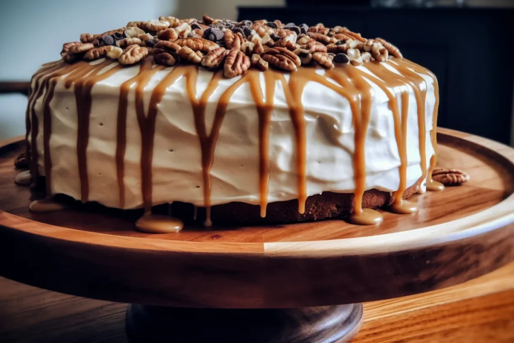 Pumpkin cake with cream cheese frosting, caramel drizzle, and pecan garnish on a wooden stand.