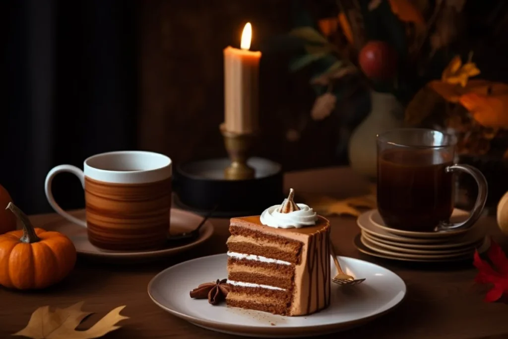 Pumpkin cake slices served with a spiced latte on a fall-themed table setting.