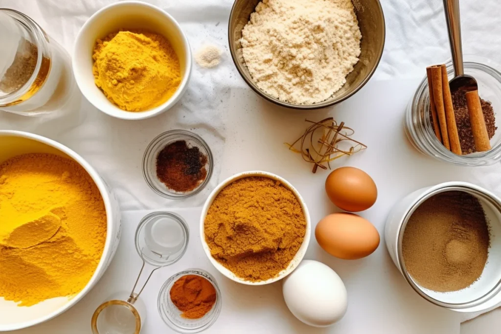 Pumpkin dump cake ingredients arranged on a white marble countertop, including pumpkin puree, cake mix, spices, and melted butter.