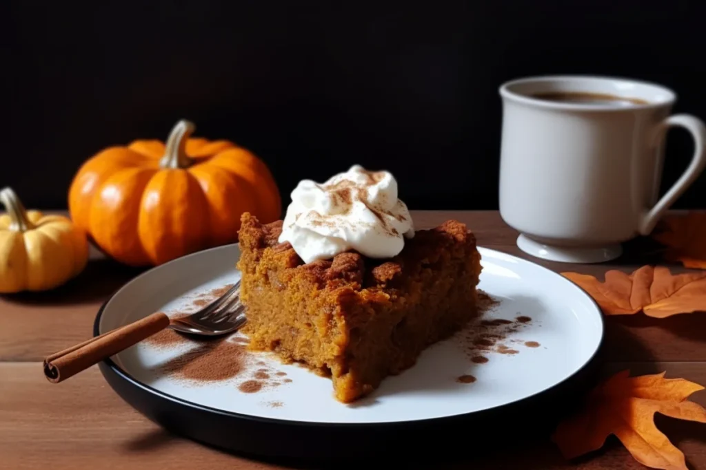 A slice of pumpkin dump cake with whipped cream and caramel, served with spiced latte and autumn-themed decor.