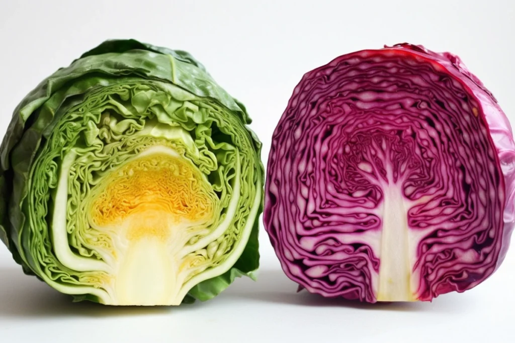 Cross-sections of raw green and red cabbage displaying vibrant colors and texture