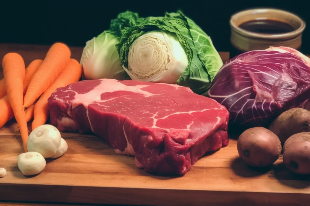 Fresh green and red cabbages with lean beef cuts and other raw ingredients like garlic and carrots on a wooden countertop.