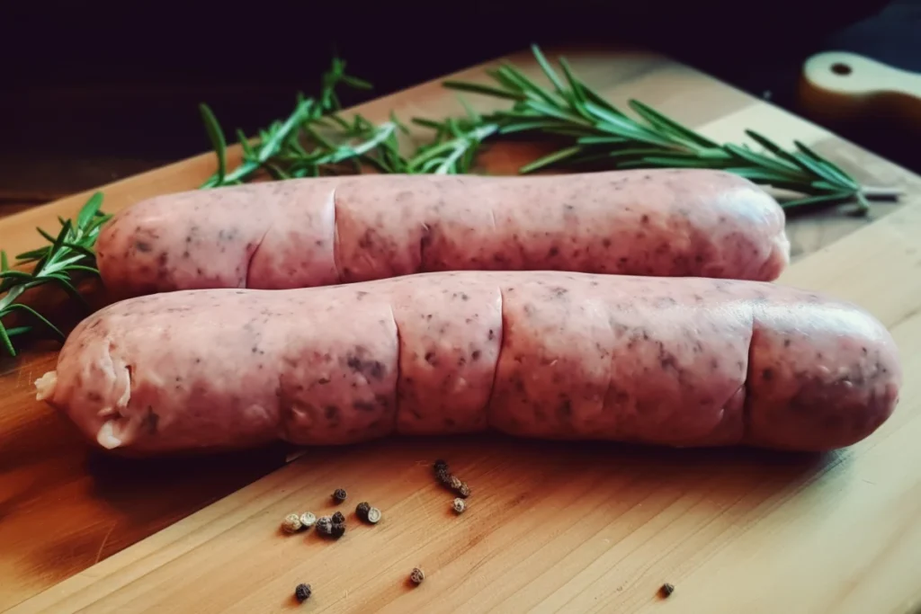 Raw turkey sausages on a wooden cutting board with fresh spices and herbs in a rustic kitchen setting.