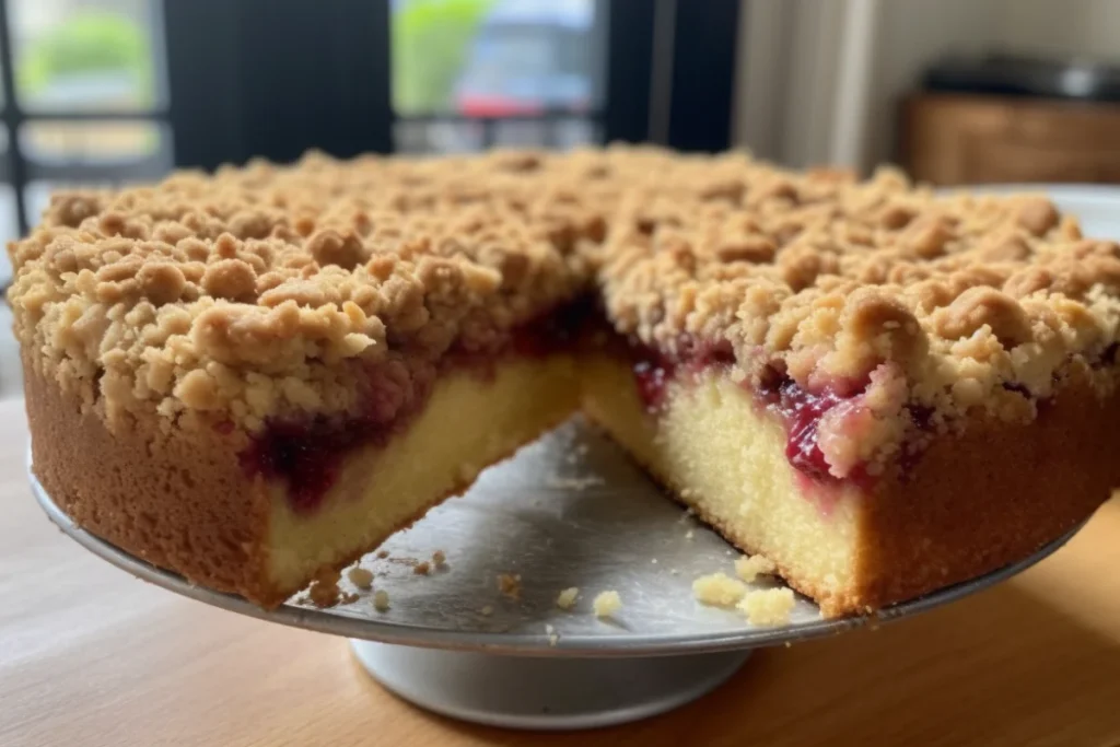 Refrigerated dump cake cross-section showing fruit layers, moist base, and crunchy topping.