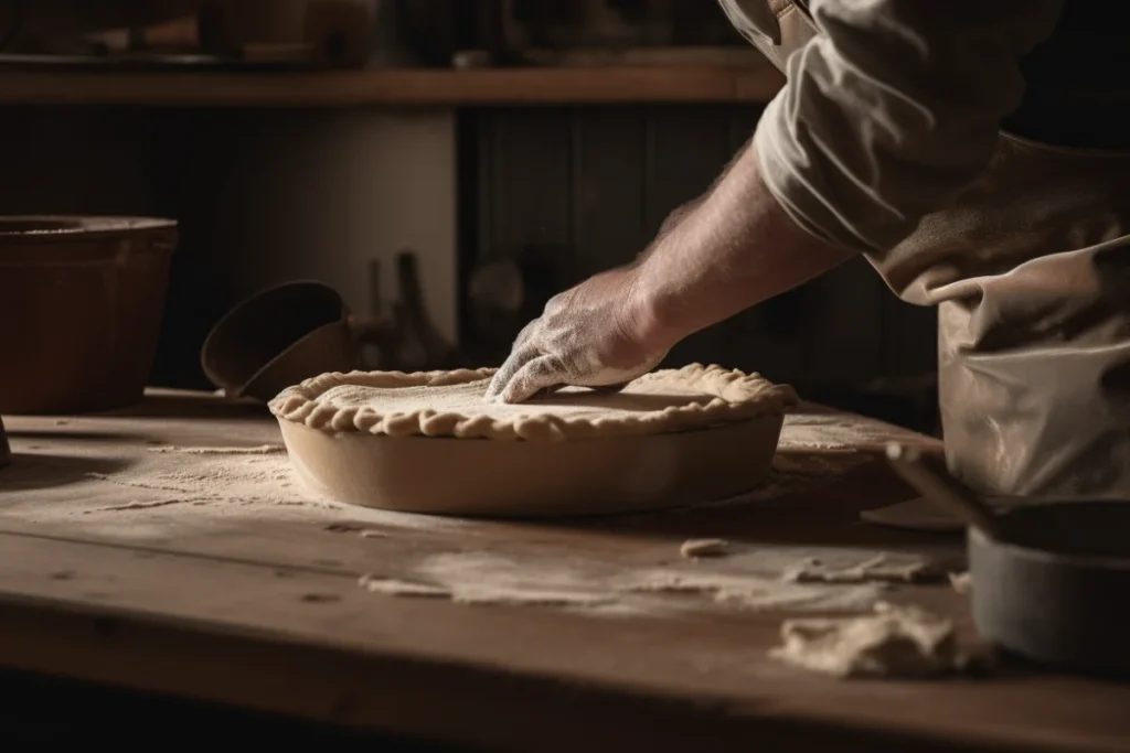 A baker patching a torn pie crust on a wooden countertop, with tools and a pie pan in the background.