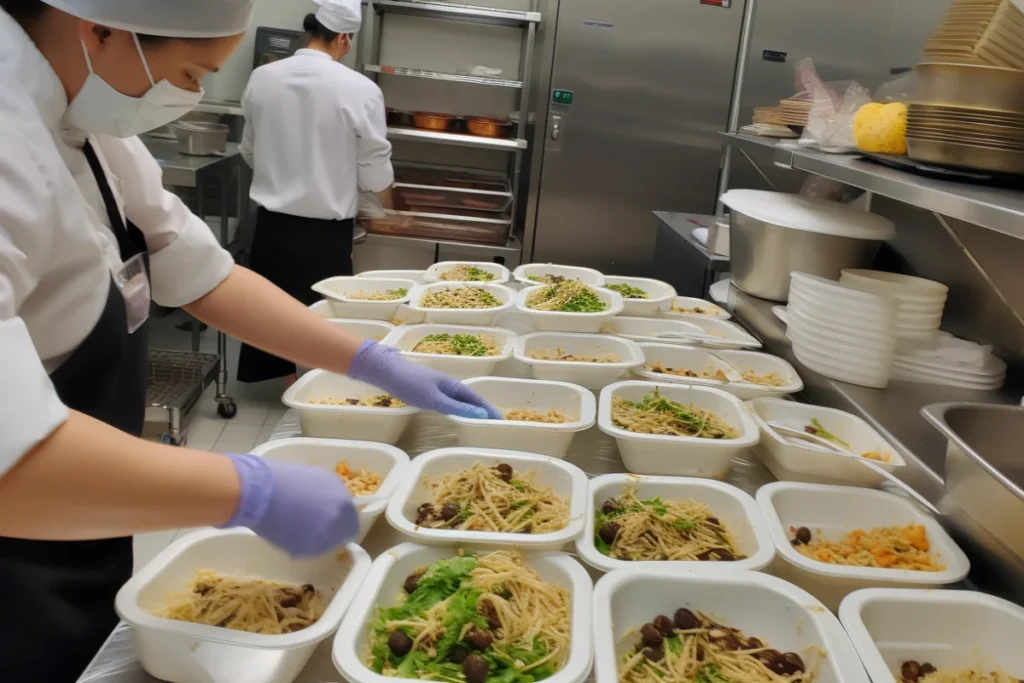 Kitchen staff preparing ready-to-eat meals from rotisserie chicken.