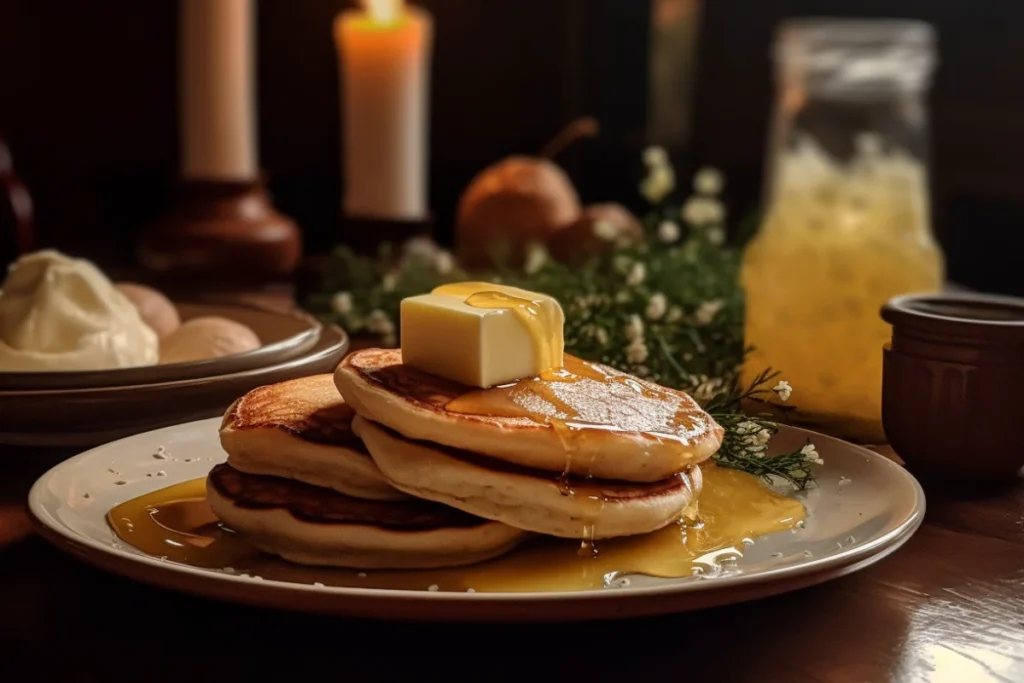 Thick hotcakes topped with honey and butter on a white plate in a rustic setting.