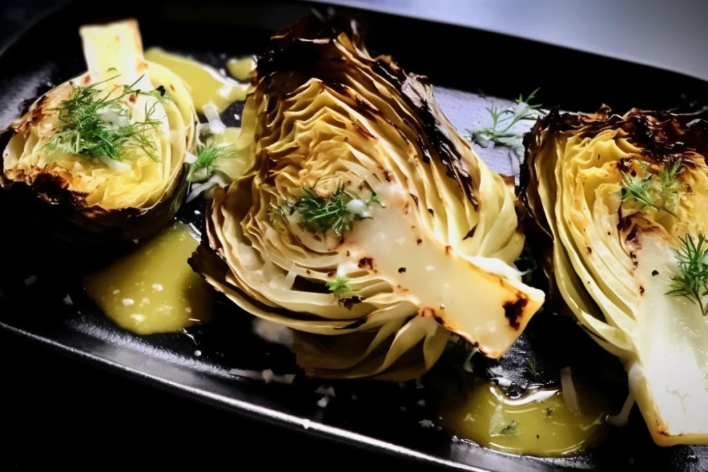 Roasted cabbage wedges with charred edges and fresh herb garnish on a platter.